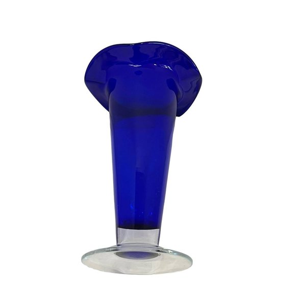 Cobalt Blue Glass Vase Ruffled Tulip Lip Clear Base Hand Blown 8 1/2" x 5 1/2" - Picture 2 of 5